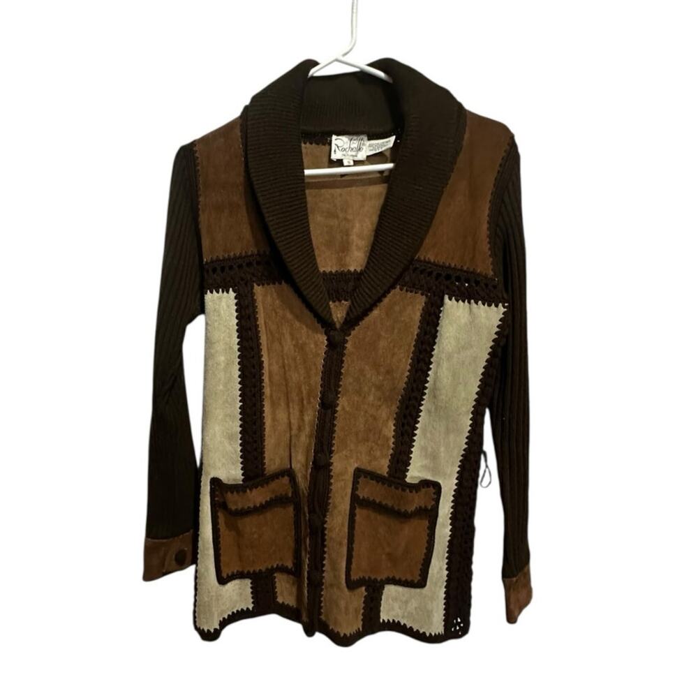 Vintage Rochelle California Brown Multi Color Leather Button Cardigan Size Small